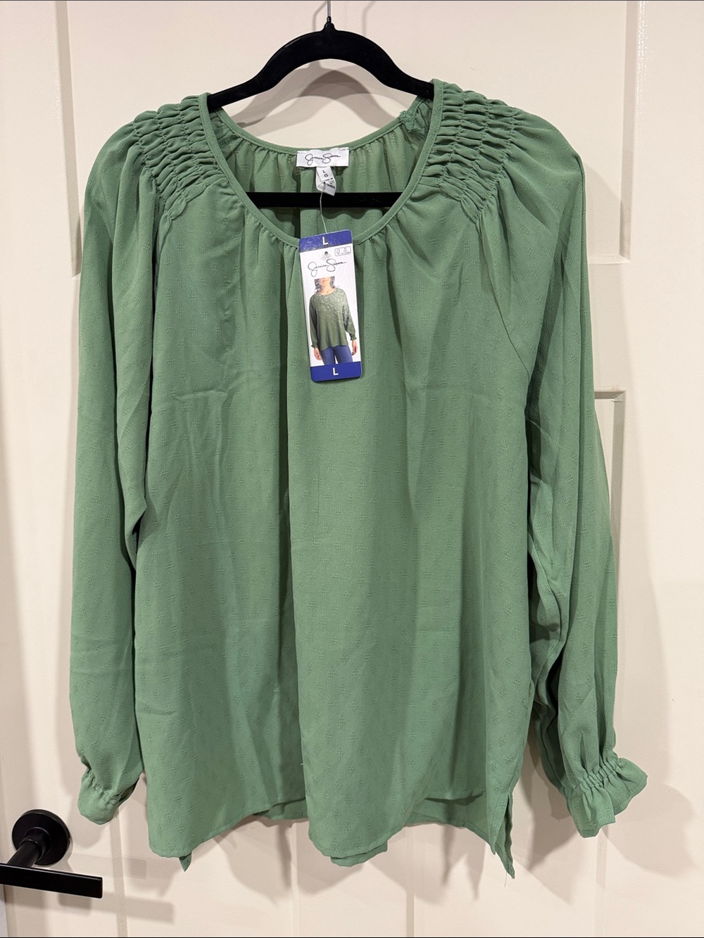 Jessica Simpson Sage Green Smocked Yoke Long Sleeve Top